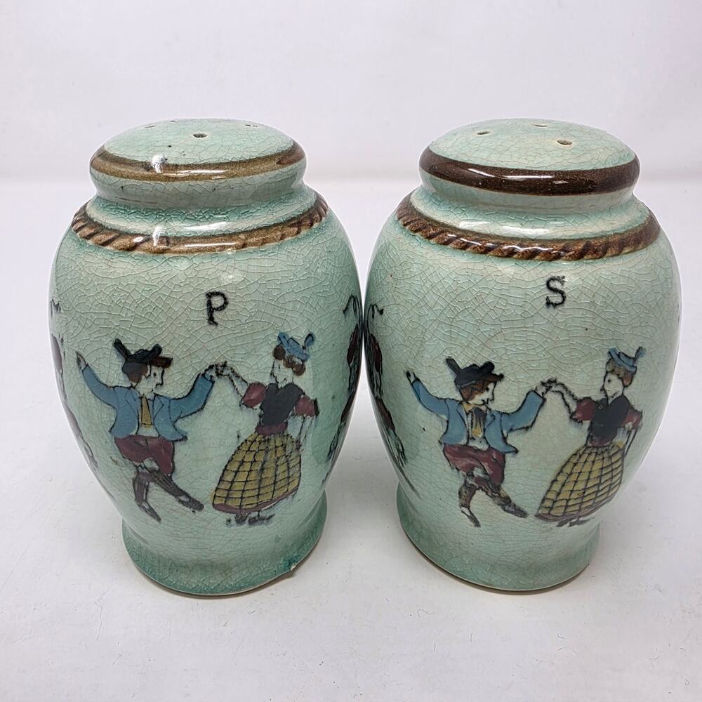 Vintage Japan Salt and Pepper Shakers Figural Celadon Green Hand Painted Stamped